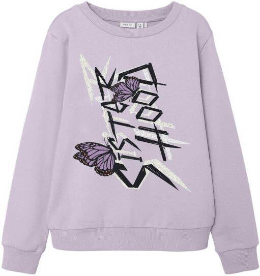 Name it KIDS sweater NKFVEA met printopdruk lila Paars Meisjes Katoen Ronde hals 122 128
