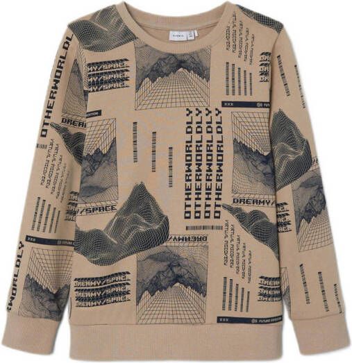 Name it KIDS sweater NKMLOLUMBO met all over print zand donkerblauw Beige 122 128