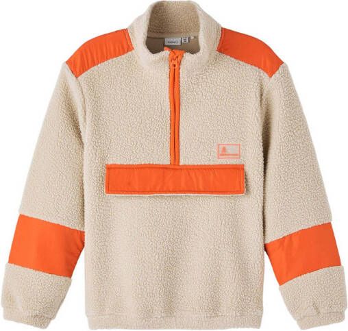 Name it KIDS sweater NKMNAFARVE beige oranje Jongens Teddy Opstaande kraag 122 128