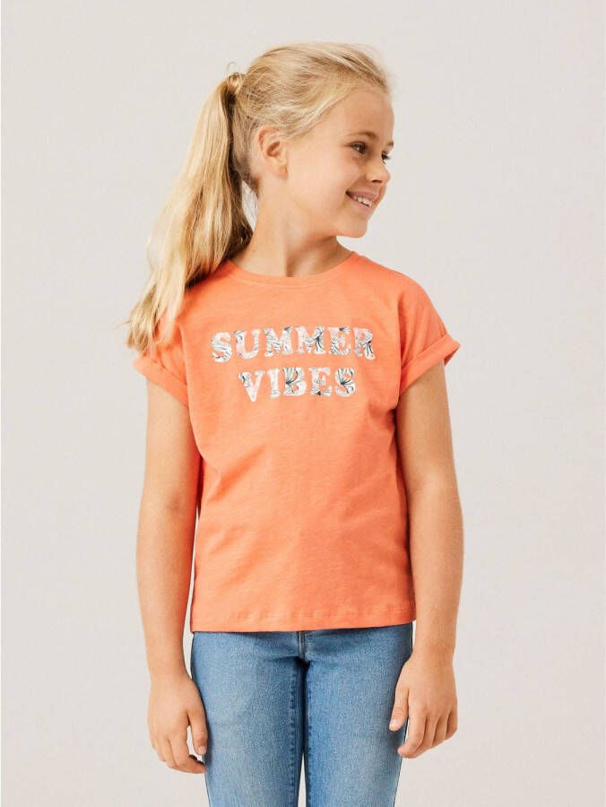 Name it KIDS T-shirt NKFFAMMA met tekst oranje Meisjes Katoen Ronde hals 122 128