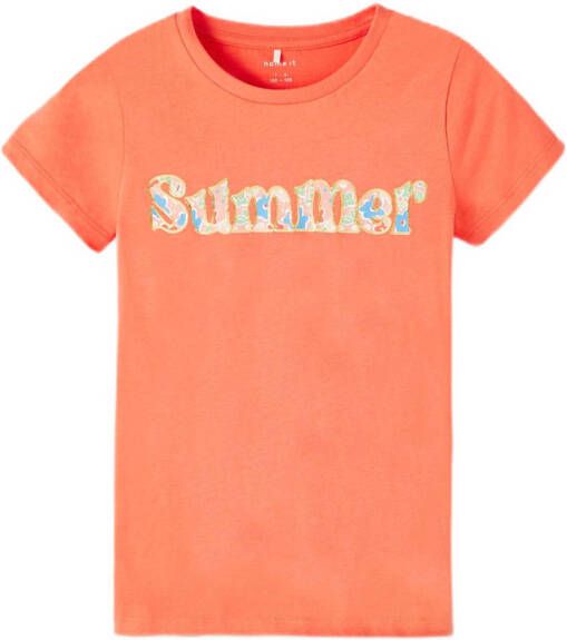 Name it KIDS T-shirt NKFFEMELINA met printopdruk koraal Oranje Meisjes Katoen Ronde hals 134 140