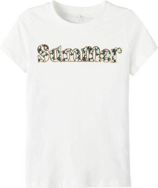 Name it KIDS T-shirt NKFFEMELINA met printopdruk wit Meisjes Katoen (duurzaam) Ronde hals 122 128