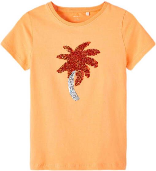 Name it KIDS T-shirt NKFHAPSTAR met printopdruk en pailletten oranje Meisjes Stretchkatoen Ronde hals 122 128