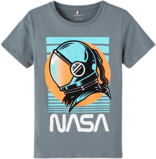 Name it KIDS T-shirt NKMABID NASA met printopdruk blauwgrijs Jongens Stretchkatoen Ronde hals 134 140