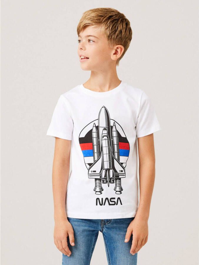 Name it KIDS T-shirt NKMNOBERT NASA met printopdruk wit Jongens Stretchkatoen Ronde hals 158 164