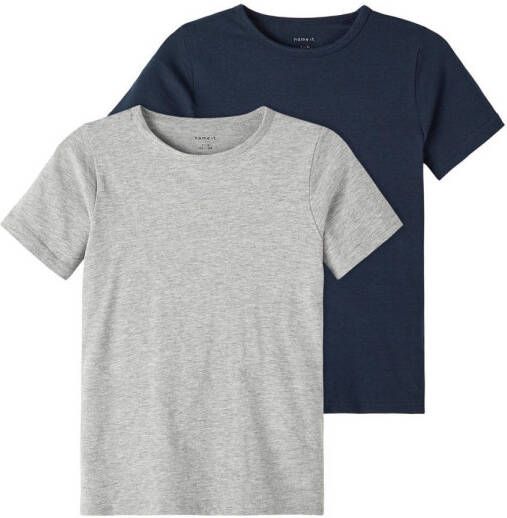 Name it KIDS T-shirt set van 2 grijs melange donkerblauw Jongens Stretchkatoen Ronde hals 134 140