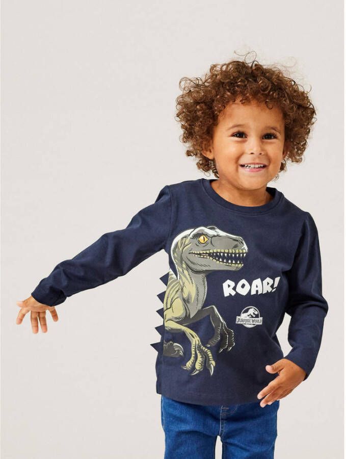 Name it MINI longsleeve NMMNOL met printopdruk donkerblauw Jongens Stretchkatoen Ronde hals 92