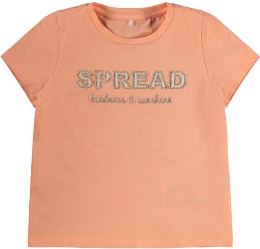 Name it MINI T-shirt Fami met biologisch katoen oranje Tekst 104
