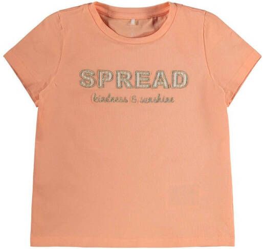 Name it MINI T-shirt Fami met biologisch katoen oranje Tekst 104
