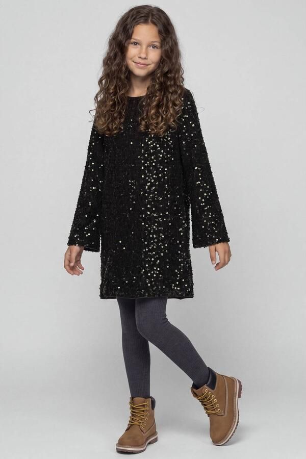 NAME IT KIDS A-lijn glitterjurk met pailletten donkerbruin Meisjes Polyester Ronde hals