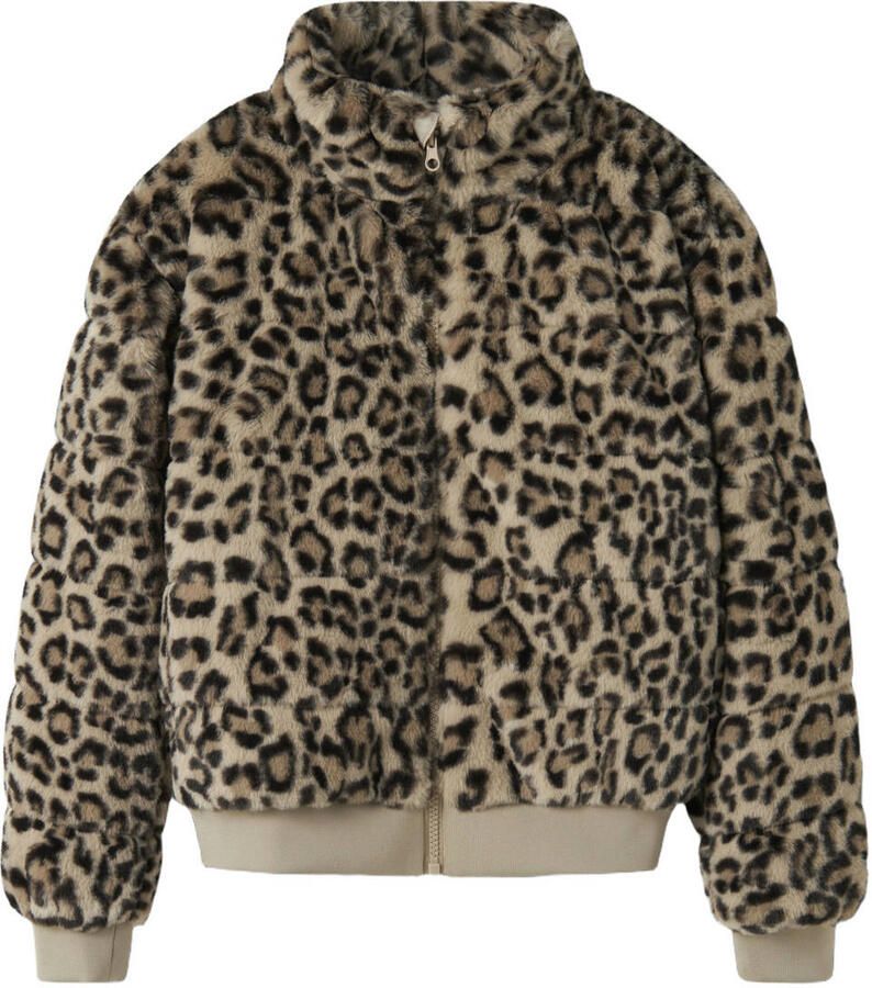 NAME IT KIDS faux fur jas met panterprint beige