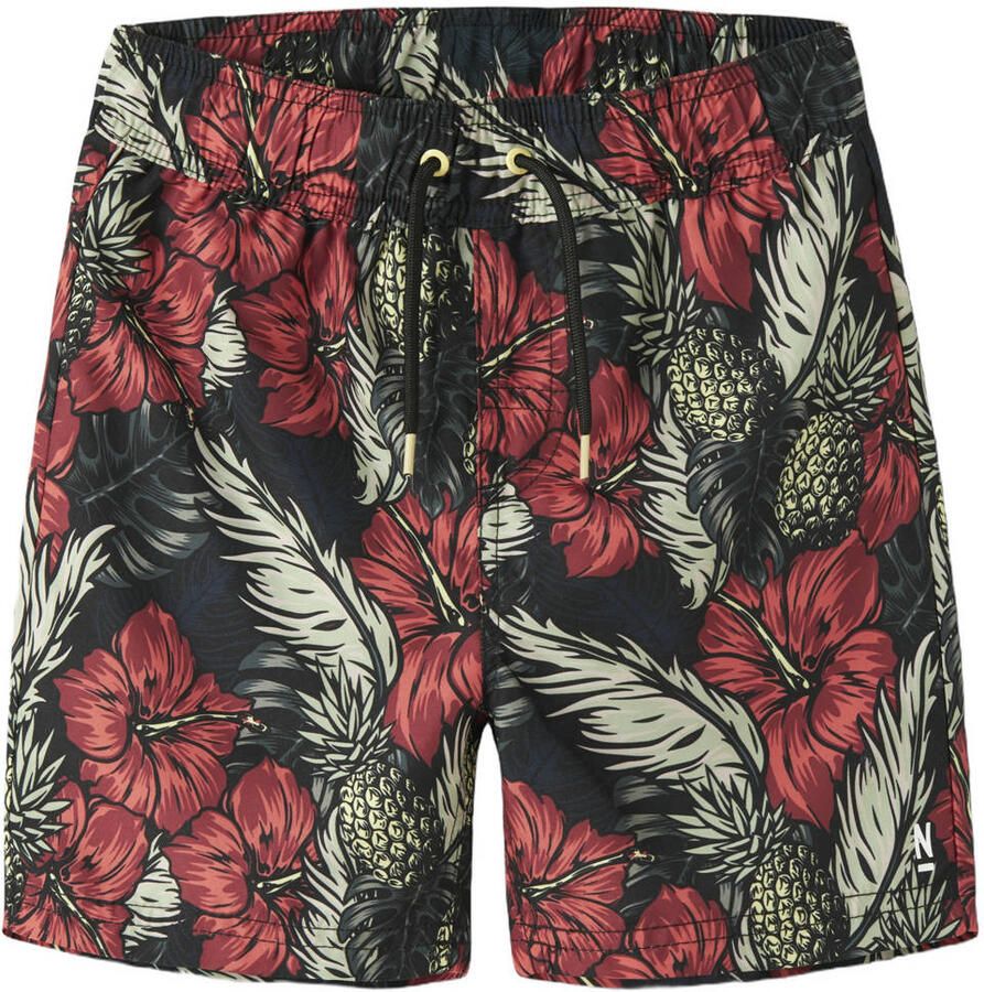 NAME IT KIDS gebloemde zwemshort zwart rood