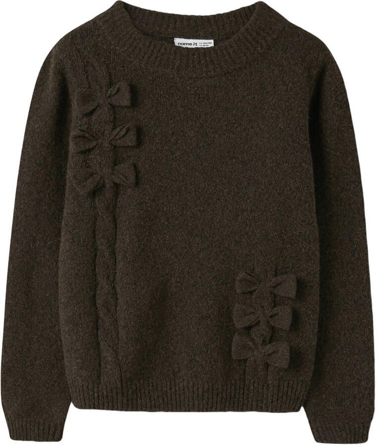 NAME IT KIDS gebreide trui donkerbruin Meisjes Polyester Ronde hals Effen