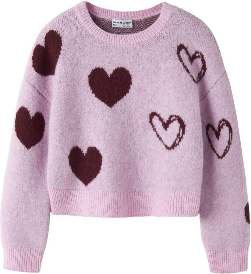 NAME IT KIDS gebreide trui met hartjes roze Meisjes Polyester Ronde hals