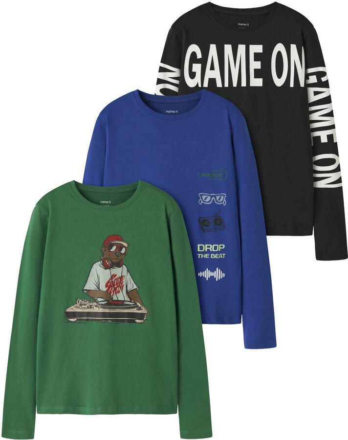 NAME IT KIDS gestreepte longsleeves met tekst groen (set van 3)