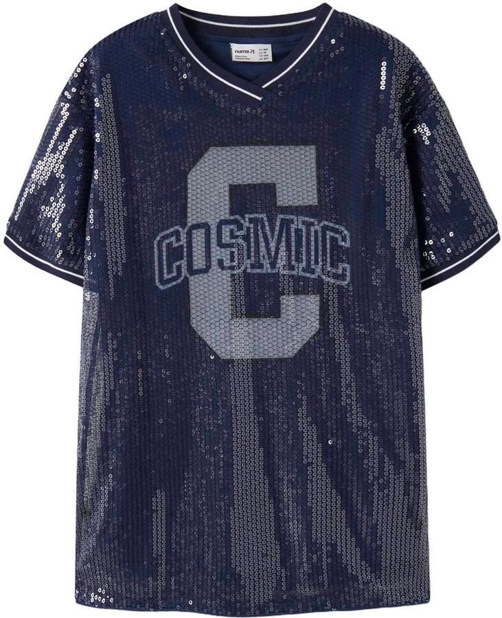 NAME IT KIDS korte glitter T-shirtjurk met pailletten en print blauw Meisjes Polyester V-hals