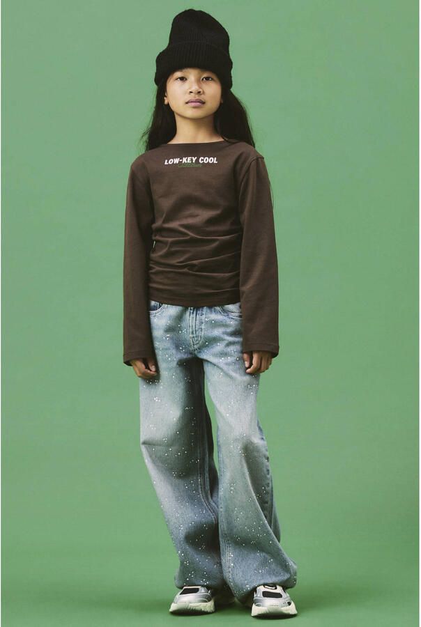 NAME IT KIDS longsleeve met rijgdetail en tekst bruin