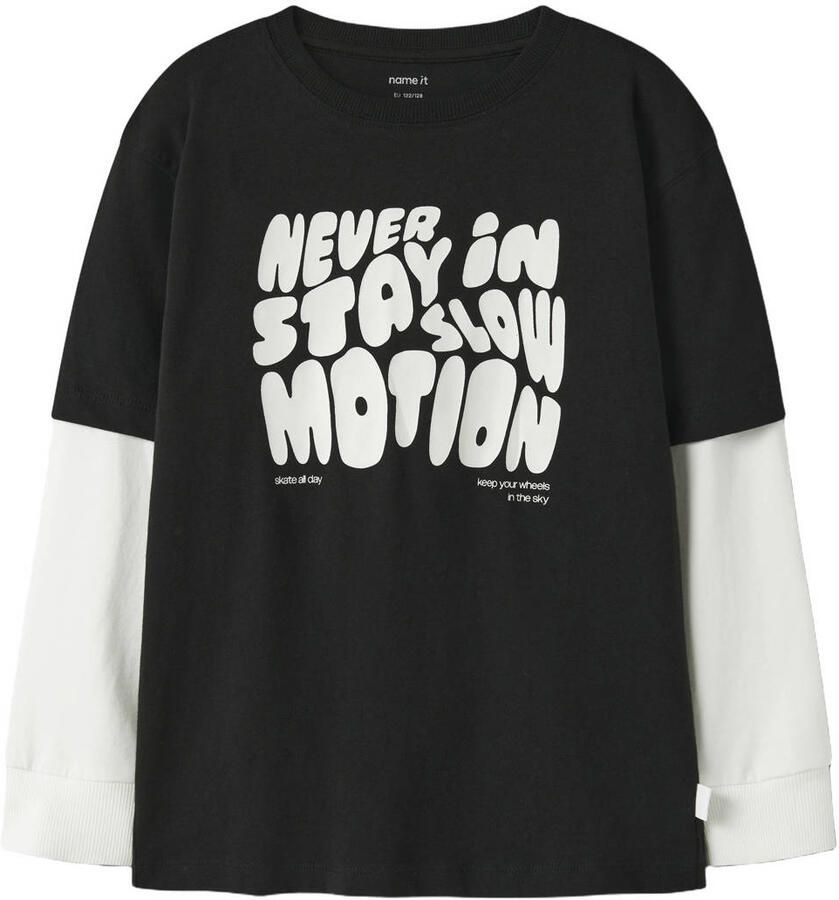 NAME IT KIDS longsleeve met tekst zwart Jongens Katoen Ronde hals Tekst