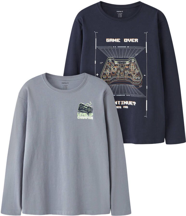 NAME IT KIDS longsleeves met print donkerblauw lichtblauw (set van 2)