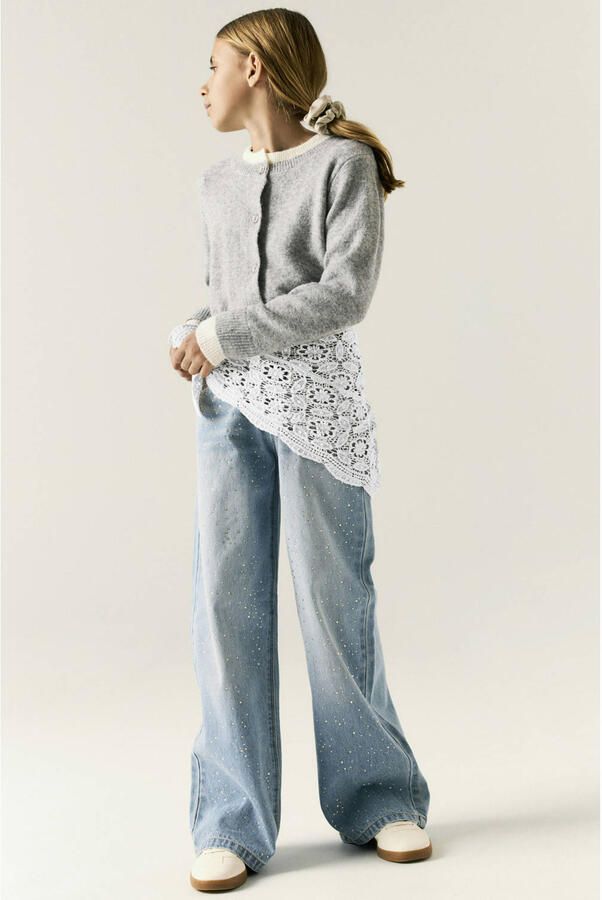 NAME IT KIDS NKFBELLA wide leg jeans met strass-steentjes en print lichtblauw