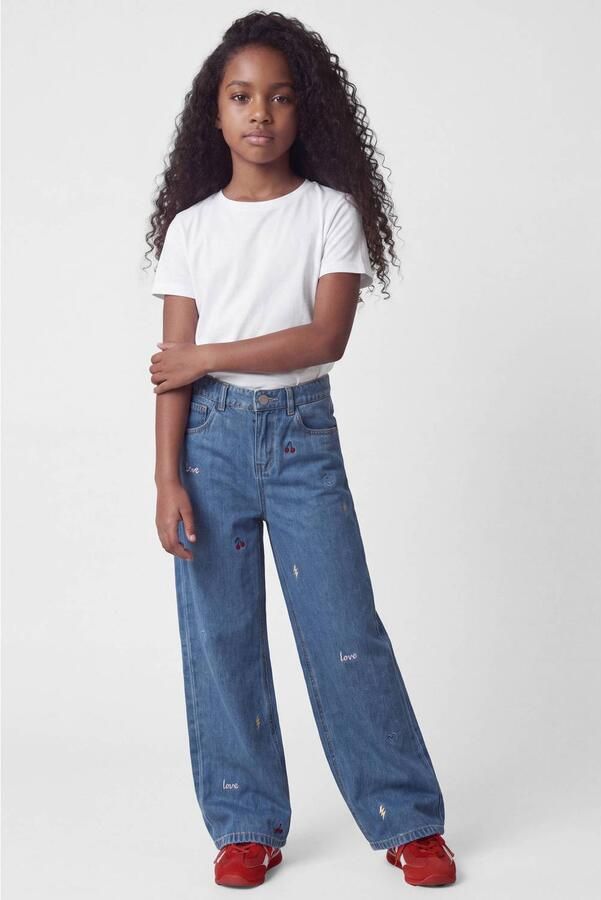 NAME IT KIDS NKFROSE wide leg jeans met borduursels en print mediumblauw Meisjes Denim