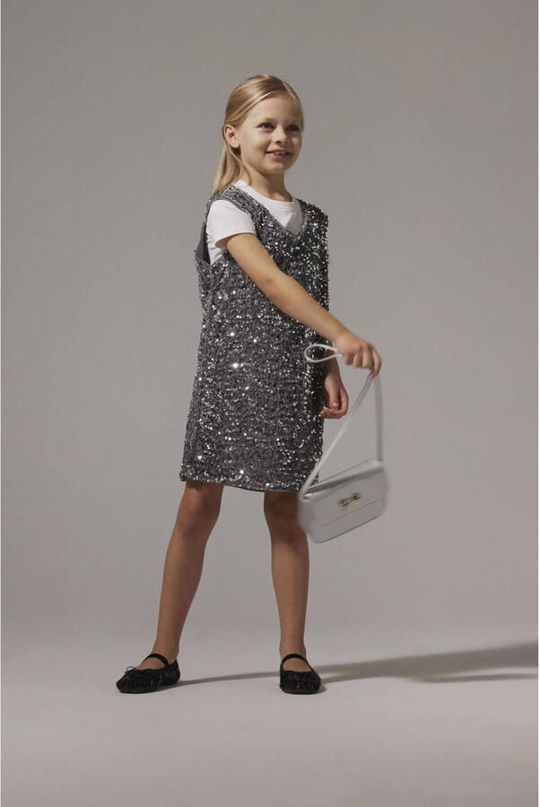 NAME IT KIDS overgooier midi jurk met pailletten grijs