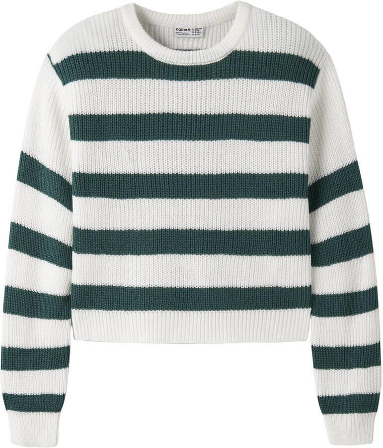 NAME IT KIDS oversized gestreepte gebreide trui wit Meisjes Acryl Ronde hals