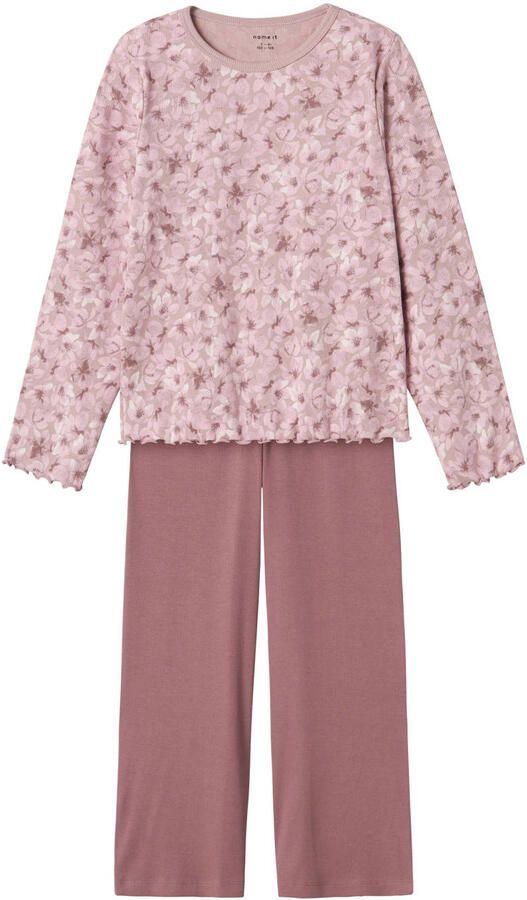 Name it KIDS pyjama met bloemdessin paars mauve Meisjes Stretchkatoen Ronde hals 110 116
