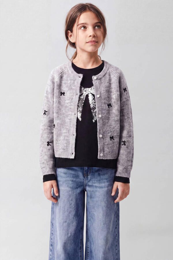 NAME IT KIDS rechtvallend gebreid vest met print grijs Meisjes Acryl Ronde hals