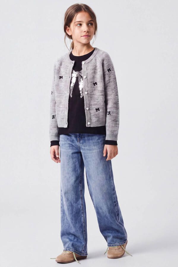 NAME IT KIDS rechtvallend gebreid vest met print grijs Meisjes Acryl Ronde hals - Foto 2