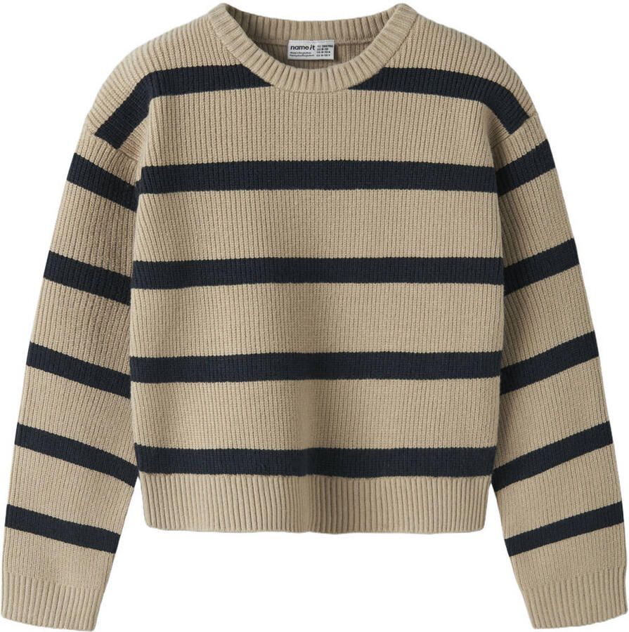 NAME IT KIDS rechtvallende gebreide gestreepte trui beige Meisjes Viscose Ronde hals