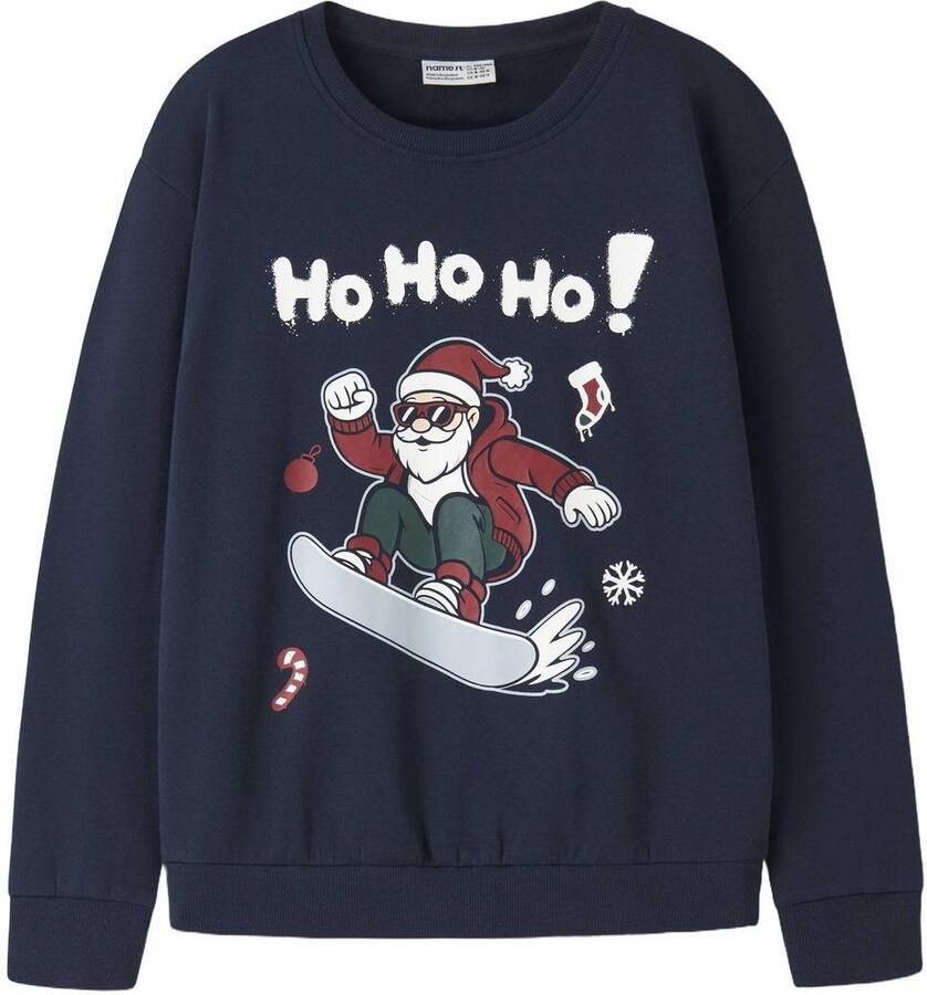 NAME IT KIDS rechtvallende kersttrui met print donkerblauw Sweater Printopdruk