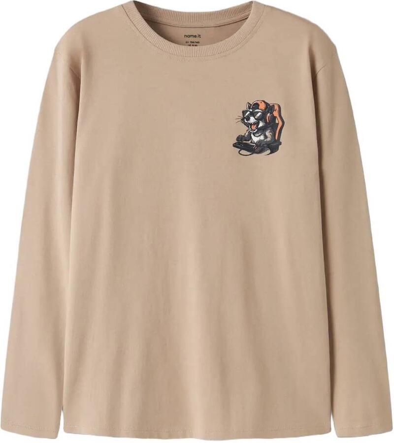 NAME IT KIDS rechtvallende longsleeve met backprint beige Jongens Katoen Ronde hals