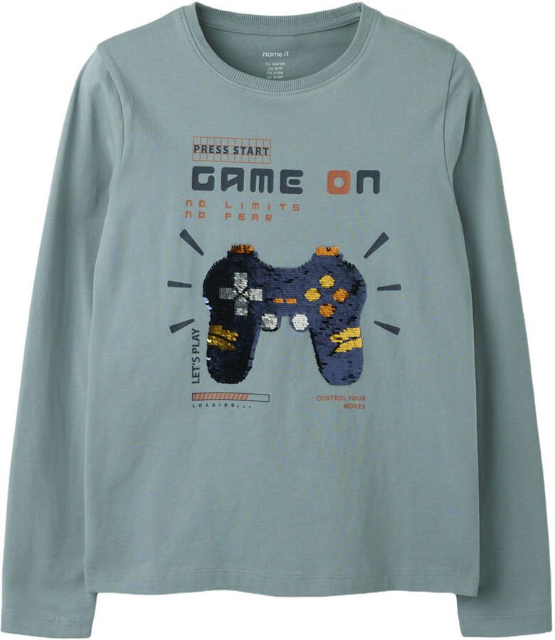 NAME IT KIDS rechtvallende longsleeve met pailletten en print grijsblauw Jongens Katoen Ronde hals