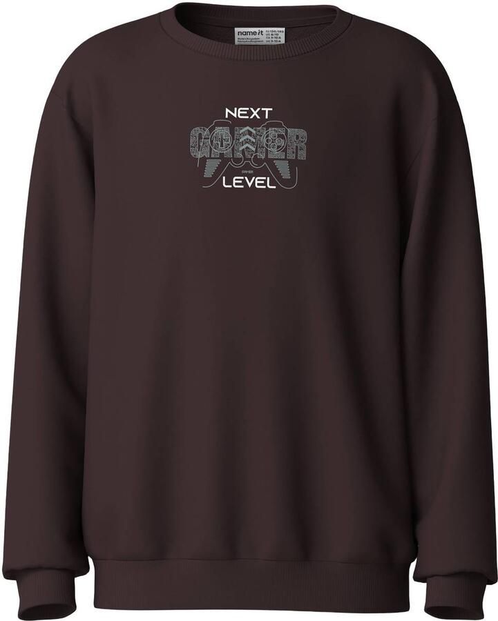 NAME IT KIDS rechtvallende sweater met print donkerbruin Printopdruk
