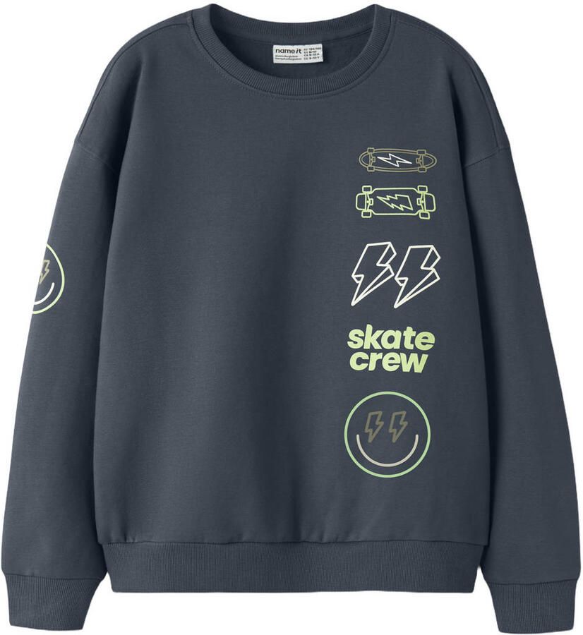 NAME IT KIDS rechtvallende sweater met print grijsblauw Jongens Katoen Ronde hals