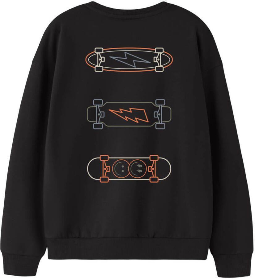 NAME IT KIDS rechtvallende sweater met print zwart Jongens Katoen Ronde hals
