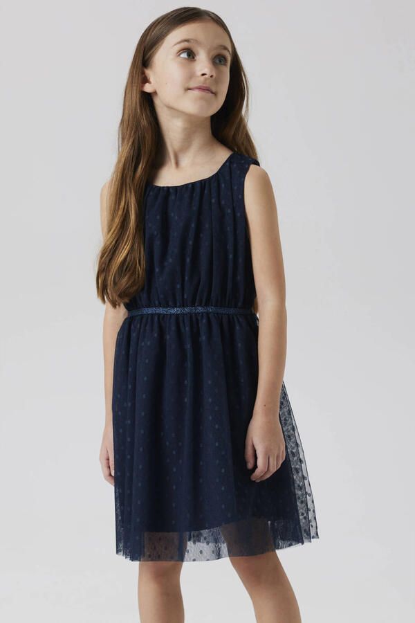 Name it KIDS semi-transparante jurk NKFVABOSS met all over print donkerblauw Meisjes Polyester Ronde hals 116