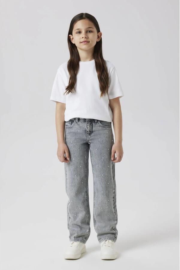 NAME IT KIDS straight leg jeans met strass-steentjes light grey denim