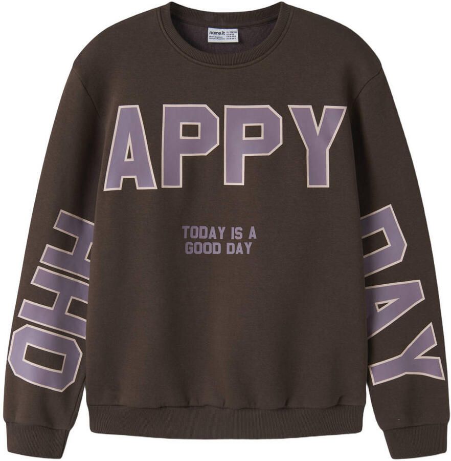 NAME IT KIDS sweater met tekst donkerbruin Printopdruk