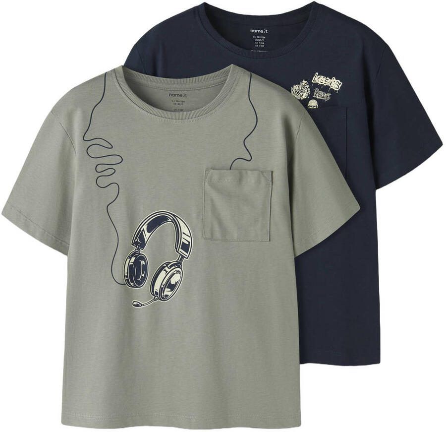 NAME IT KIDS T-shirt donkerblauw grijsgroen (set van 2)
