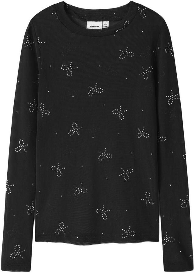 NAME IT KIDS top met glitters zwart Meisjes Polyester Ronde hals Effen