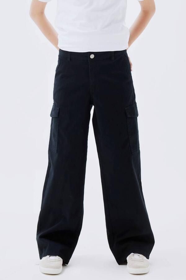 Name it KIDS wide leg cargobroek NKFROSE zwart Meisjes Stretchdenim Effen 116