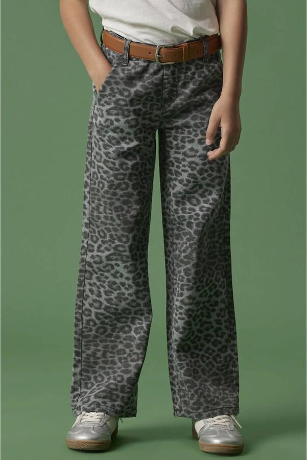 NAME IT KIDS wide leg casual broek met panterprint grijs