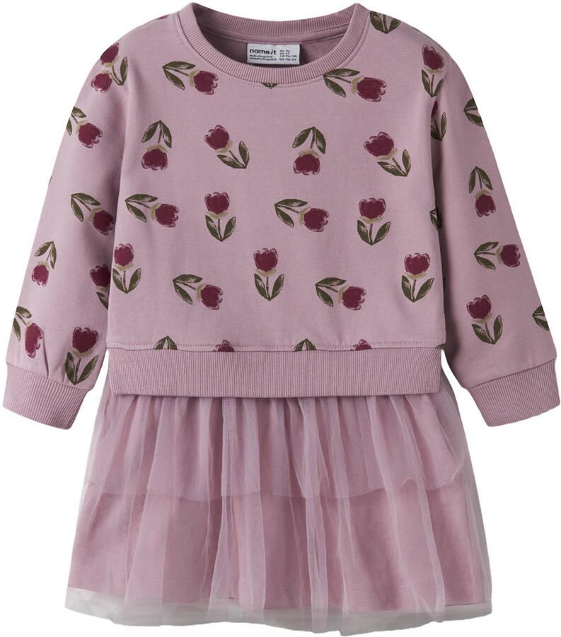 NAME IT MINI gebloemde midi sweatjurk oudroze Meisjes Katoen Ronde hals