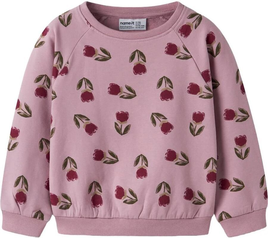 NAME IT MINI gebloemde sweater roze Meisjes Stretchkatoen Ronde hals