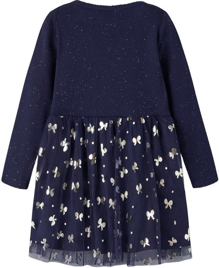 NAME IT MINI gebreide midi A-lijn jurk met print marineblauw Meisjes Stretchkatoen Ronde hals - Foto 1