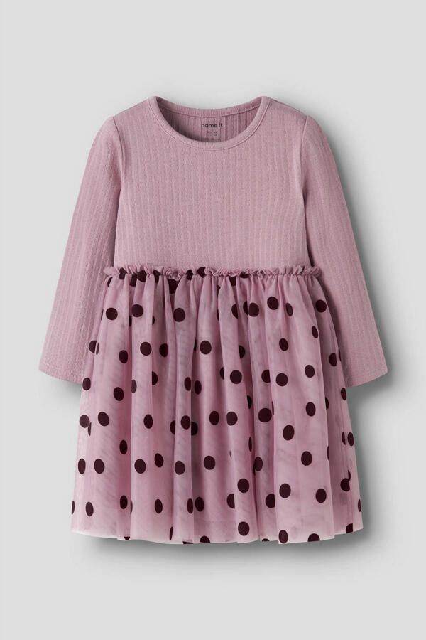 NAME IT MINI gebreide midi jurk met ruches en stippen roze Meisjes Katoen Ronde hals
