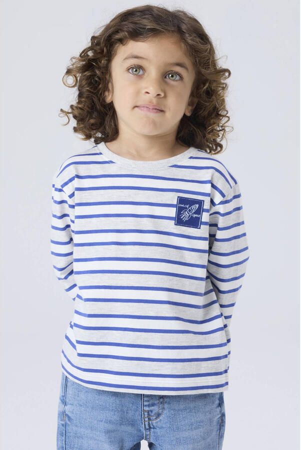 NAME IT MINI gestreepte longsleeve met borduursels lichtgrijs