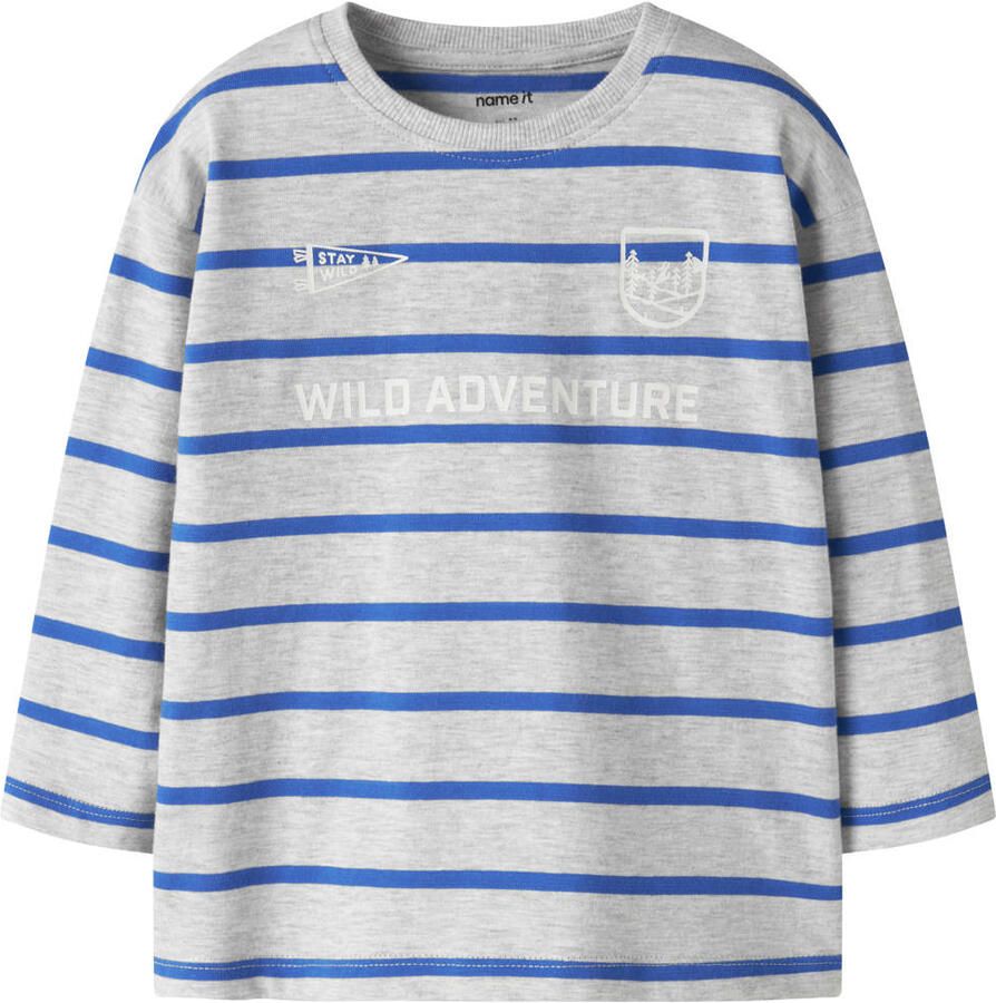 NAME IT MINI gestreepte longsleeve met tekst grijs blauw